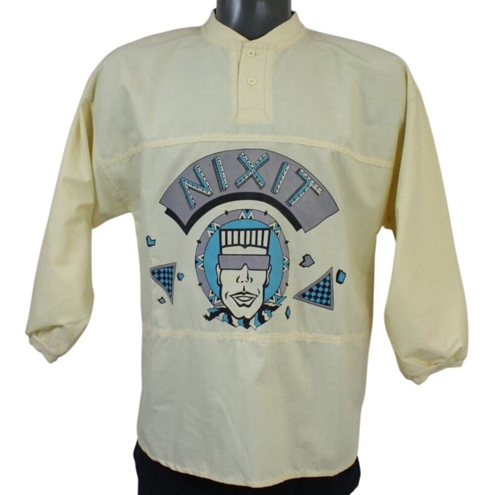 Vintage 80s NIXIT Men's M Yellow Graphic Henley New Wave Shirt Macau